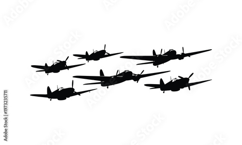 Vintage warplanes formation silhouette vector illustration flying in historical air raid.