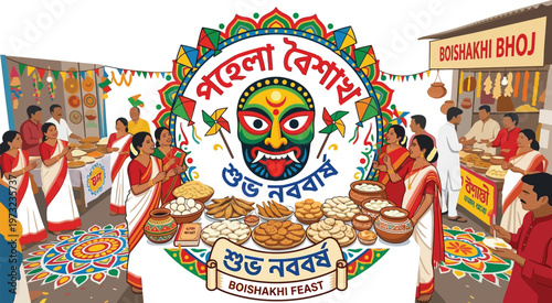 Vibrant Bengali New Year celebration with traditional food and decorations
