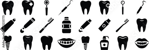 Silhouette tooth care icons set. dental, hygiene, brush, toothpaste, smile vector illustration