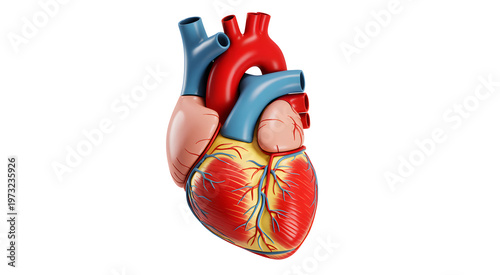 Anatomical human heart model, cardiovascular system, heart anatomy, medical illustration