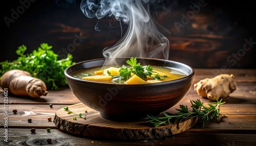 Steaming Bowl of Hearty Vegetable Soup with Ginger and Herbs.