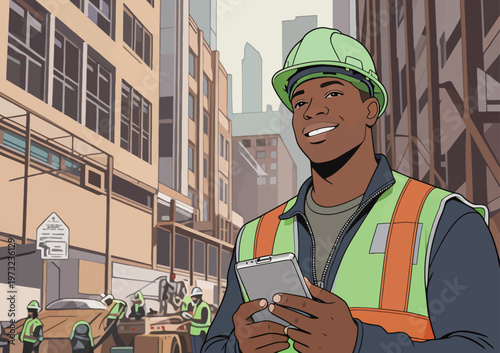 Construction Worker Using Tablet on City Site