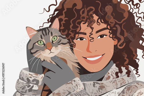 Woman with curly hair holding a tabby cat