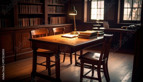 Classic study interior with wooden desk, books, and warm inviting lighting