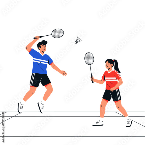 Young Couple Playing Badminton Together on Court, Active Lifestyle