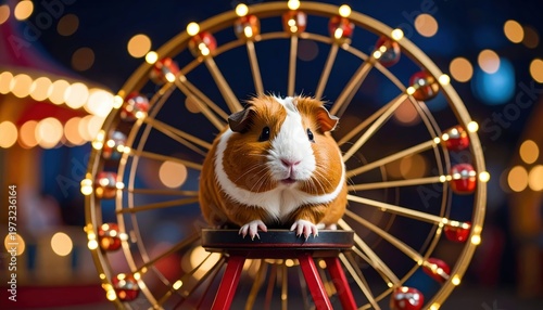Delightful guinea pig enjoying a whimsical ride on a miniature ferris wheel