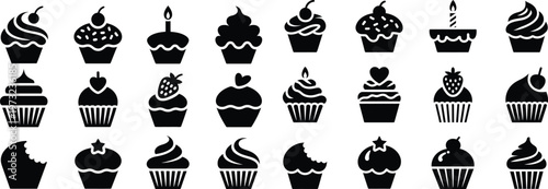 Silhouette Cupcake Icons Set. Dessert, Sweet, Muffin, Pastry, Bakery Vector Illustration