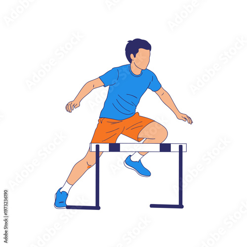 Young man jumping over a hurdle during a track and field race, athletic training illustration