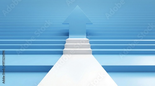 Ascending white arrow on blue stairs symbolizing progress and growth in business and success