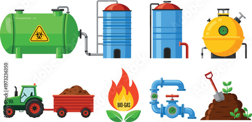 Biogas and Bioenergy Production Icon Set Featuring Storage Tanks, Biohazard Containers, Farm Tractors, Pipeline Valves, and Sustainable Organic Energy Resources