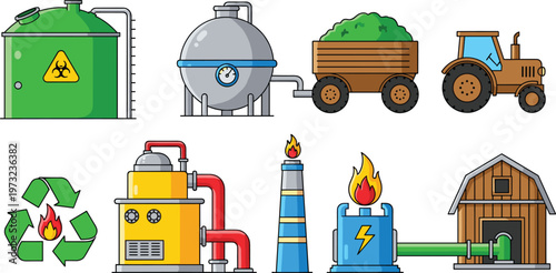Biogas Energy Production Icon Set Featuring Renewable Fuel Tanks, Agricultural Tractors, Biohazard Recycling Symbols, Industrial Furnaces, and Sustainable Farm Power Infrastructure
