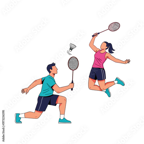 Active Couple Playing Badminton Outdoors - Dynamic Sports Illustration