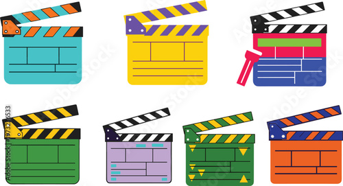 Colorful Movie Clapperboard Icon Set with Vibrant Film Slate Designs for Cinema Production, Video Editing, Motion Picture Studios, and Media Industry Graphics