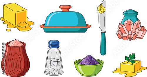Cooking Ingredients Icon Set Featuring Butter Blocks, Butter Dish, Spreading Knife, Himalayan Pink Salt Crystals, Salt Shaker, and Gourmet Seasoning for Kitchen Designs.