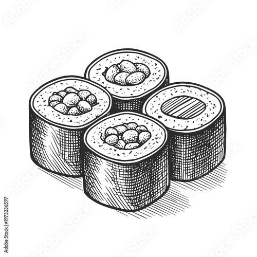 Vintage sushi roll vector illustration in black and white. Hand drawn Japanese food with rice, seaweed and filling in engraved retro style.
