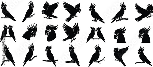 Silhouette Cockatoo Icons Set. Bird, Pet, Parrot, Animal, Feather Vector Illustration