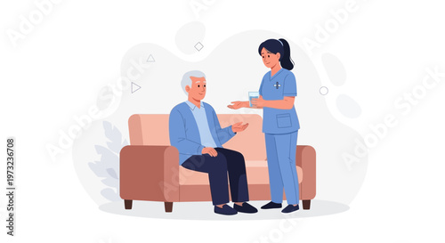 Nurse Helping Elderly Man With Water, Home Care Concept