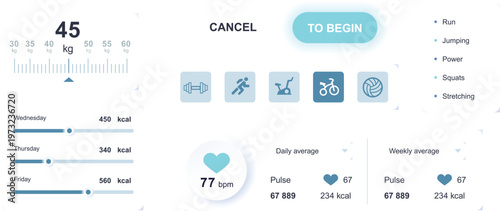 Fitness tracker dashboard showing user activity metrics and workout options