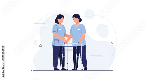 Nurse Assisting Elderly Patient with Walker, Rehabilitation and Care Concept