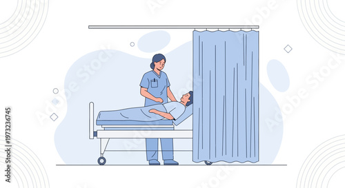 Nurse caring for patient in hospital bed with privacy curtain, medical illustration