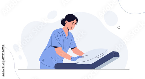 Nurse Making Bed in Hospital Room, Healthcare Professional Caring for Patient
