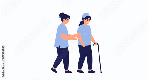 Nurse assisting elderly woman with cane, healthcare support, caregiving, medical help