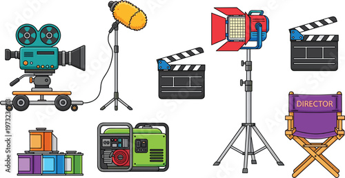 Film Production Equipment Icon Set with Movie Camera, Studio Lighting, Director Chair, Clapperboard, Microphone, and Power Generator for Cinema Media Industry
