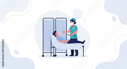 Nurse caring for patient in hospital bed with privacy screen
