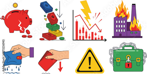 Financial Crisis and Economic Bankruptcy Icon Set Featuring Broken Piggy Bank Stock Market Crash Empty Wallet and Business Risk Symbols for Design
