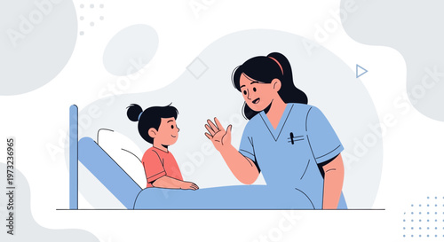 Nurse comforting child in hospital bed, illustration