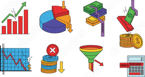 Financial Crisis and Stock Market Crash Icon Set Featuring Bear Market Charts Declining Profits Falling Currency and Economic Recession Symbols for Business