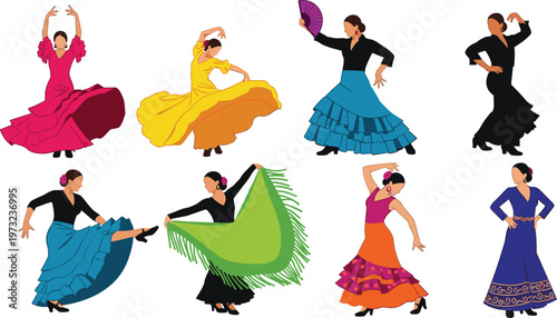 Flamenco Dancer Vector Set Featuring Women in Traditional Spanish Dresses Performing Folk Dance with Fans and Shawls for Cultural Design Projects