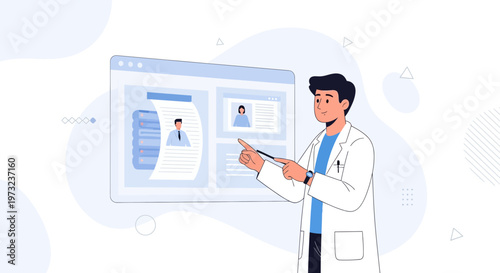 Doctor presenting medical records on a digital screen, healthcare technology concept