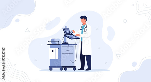 Doctor operating ultrasound machine, medical technology, diagnostic imaging, healthcare concept