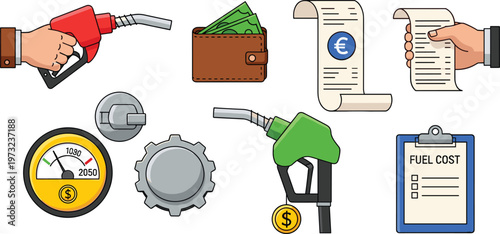 Fuel Cost and Gas Station Economy Icon Set Featuring Petrol Nozzles Wallet Payment Receipts and Fuel Gauge for Financial Energy Design Projects