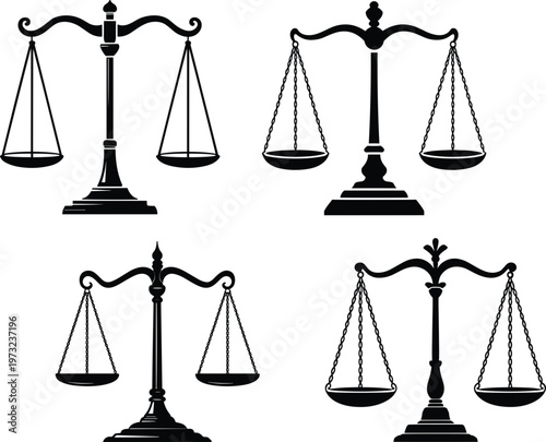 Justice scales silhouettes vector set, legal balance symbol collection, law concept illustration