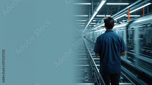 Man walking toward a train station platform, public transport travel