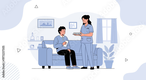 Nurse caring for patient at home, offering tray with snacks, medical assistance concept