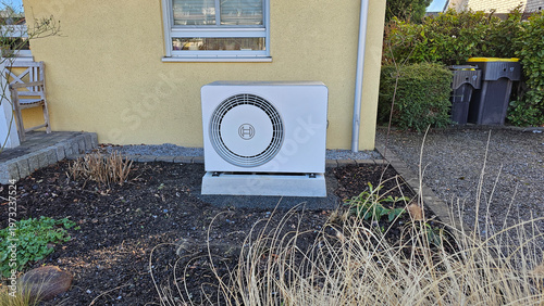 Bosch heat pump unit installed outside a house for energy efficient heating