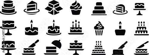 Silhouette Cake Icons Set. Dessert, Birthday, Sweet, Pastry, Celebration Vector Illustration