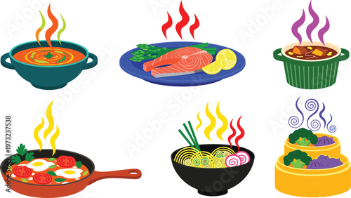 Hot Delicious Food Icon Set Featuring Healthy Salmon Steak, Spicy Ramen Noodles, Vegetable Soup, Fried Eggs, and Dim Sum for Restaurant Menus.