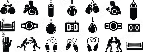 Silhouette Boxing Icons Set. Sport, Gloves, Ring, Fight, Equipment Vector Illustration