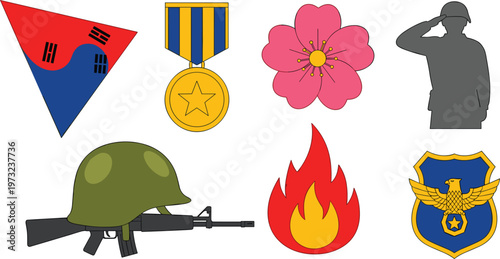 Military Service and Remembrance Icon Set Featuring South Korean Flag Medal Soldier Silhouette Helmet Rifle and Patriotism Symbols for Memorial Day Designs