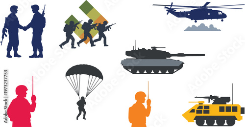 Military Silhouette Icon Set Featuring Soldiers with Weapons, Tanks, Helicopters, Paratroopers, and Armored Vehicles for Defense and Army Force Graphic Designs