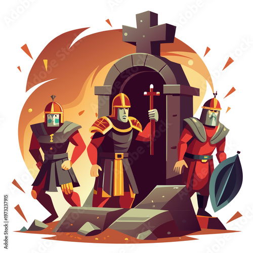 Roman soldiers in detailed ancient armor recoiling in shock at the entrance of an empty tomb, dramatic expressions of fear and awe, subtle glow emanating from within the grave, distant hill with three