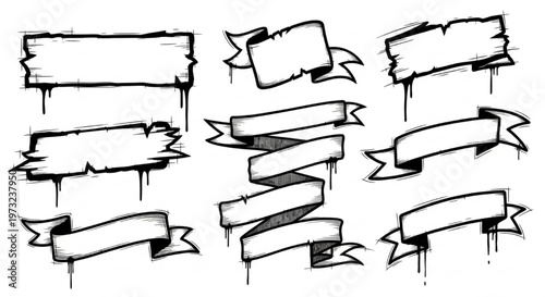 Urban Graffiti Tattered Banner and Ribbon Vector Illustration Sheet in Black Ink Grunge Punk Street Art Style
