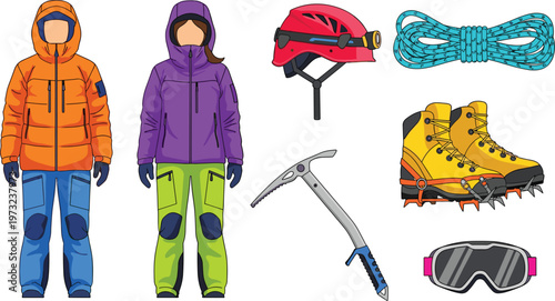 Mountain Climbing and Winter Trekking Gear Icon Set Featuring Mountaineers in Thermal Suits Safety Helmet Ice Axe Boots and Climbing Equipment