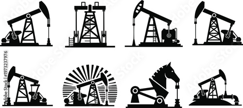 Oil Pump Jack Icon Set with Industrial Petroleum Drilling Rig Silhouettes for Fuel Production, Energy Sector, Fossil Fuel Industry, and Gasoline Resources