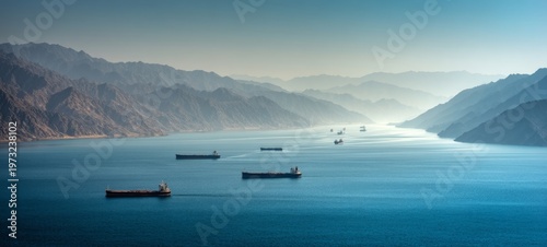 Multiple Oil Tankers Sailing Through Strait of Hormuz, Bright Daylight Over Calm Sea with Desert Mountains, Symbolizing Global Energy Flow and Oil Supply Routes, Minimal Corporate Concept