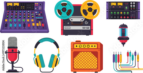 Professional Analog Audio Studio Equipment Vector Set Featuring Sound Mixer Reel to Reel Tape Recorder Microphone Headphones Amplifier and Patch Cables